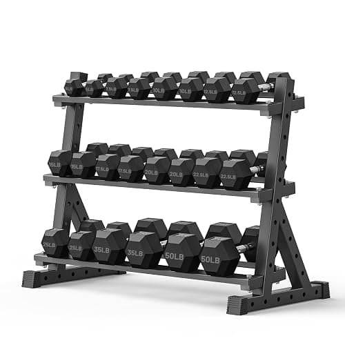 PAPABABE Hex Dumbbell Set with Rack, Rubber Encased Free Weight with Weight Storage Racks, Multiple Weight Options for Home Gym and Fitness - Image 1