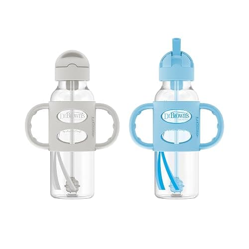 Dr. Brown's Milestones Narrow Sippy Straw Bottle, Spill-Proof with 100% Silicone Handles and Weighted Straw, 8 oz/250 mL, Gray & Blue, 6m+ - Image 1