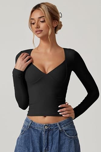 QINSEN Women's Long Sleeve V Neck T Shirts Double Lined Crop Top Seamed Cup Going Out Tops thumbnail 5