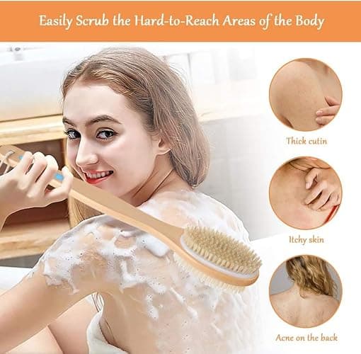 URAQT Brushing Body Brush Set, Natural Bristle Shower Brush et Long Handle Double-sided Brush，Dry Brushing Back Scrubber for Exfoliating, Massage, Improve Blood Circulation Cellulite thumbnail 5