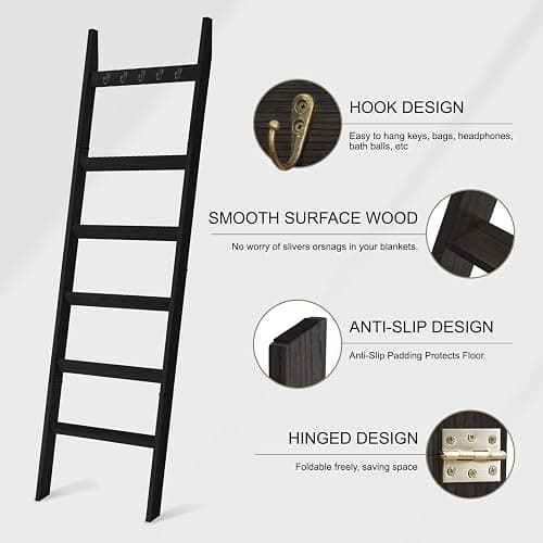 TEAKMAMA 6-Tier Blanket Ladder for Living Room and Bedroom,5.4 Ft Wall Leaning Quilt Rack with Hooks,Rustic Decorative Farmhouse Blanket Storage,Stylish Ladder Holder,Christmas Decorations,Black thumbnail 3