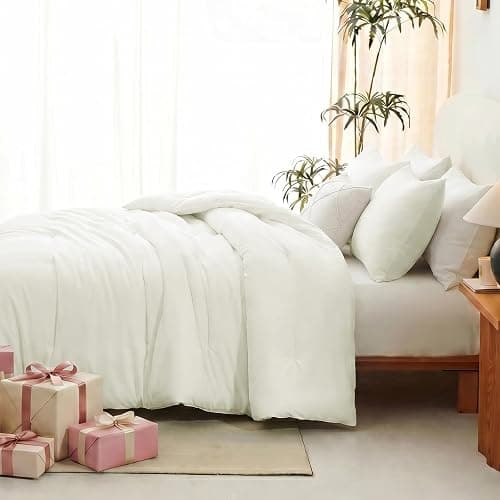 CozyLux Full Size Comforter Set Ivory, 3 Pieces Lightweight Down Alternative Quilted Bedding Sets, All Season Soft Breathable Solid Comforter with 2 Pillowcases, Luxury Soft Bed Set for Home thumbnail 6
