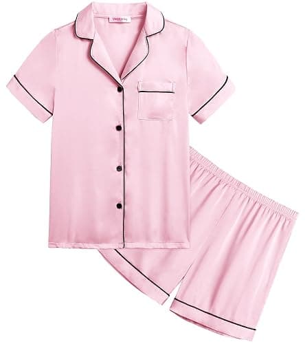 Veseacky Unisex Satin Pajamas Set Boys Girls Silk Pjs Short Sleeve 2 Piece Sleepwear Button-Down Kids Nightwear(4-13T) thumbnail 5