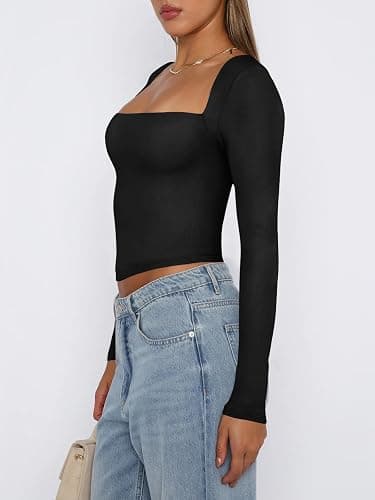 INFITTY Crop Tops for Women Basic Long Sleeve Y2k Tops Scoop Neck Slim Fitted T-Shirts thumbnail 4