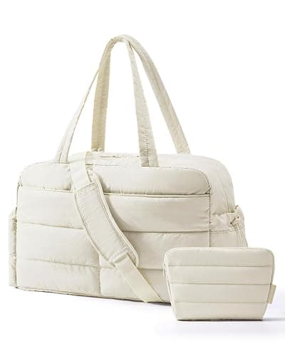 BAGSMART Gym Bag for Women, Lightweight Puffer Duffle Bag 2-PC Travel Bag, 31L Weekender Overnight Bag Quilted Carry On Tote Bag, Diaper Hospital Dance bag for Travel, Gym, Water Resistant, Beige - Image 1