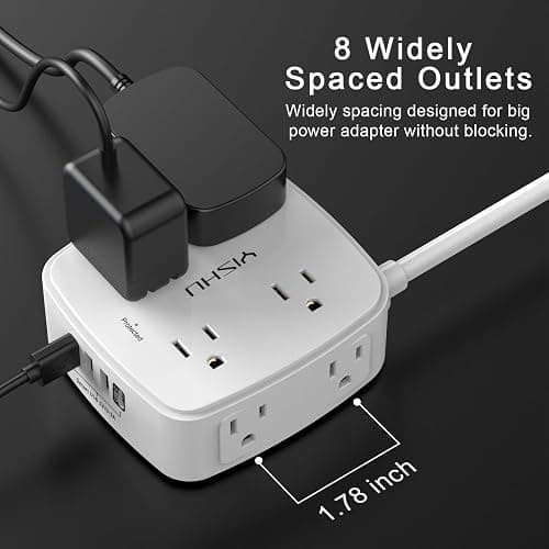 6 Ft Surge Protector Power Strip - 8 Widely Outlets with 4 USB Ports, 3 Side Outlet Extender with 6 Feet Extension Cord, Flat Plug, Wall Mount, Desk USB Charging Station, ETL,White thumbnail 3