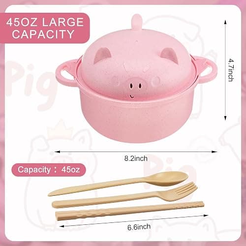 Romooa 1 Set Large 45oz Cute Ramen Bowl Set Microwavable Pig Ramen Noodle Cooker Wheat Straw Bowl with Strainer Lid Spoon Chopsticks Fork Back to School Gift for Dorm College (Pink) thumbnail 3