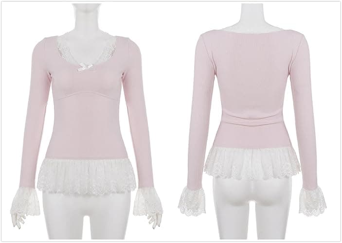 HeiBai Xiong Women Goth Knit Lace Trim T Shirt - Scoop Neck Long Sleeve Floral Ruffle Top Tee, Cute Dance Going Out thumbnail 7