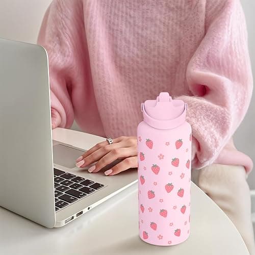 SANDJEST Strawberry Water Bottle 32oz Stainless Steel with Lid & Straw, Insulated Bottles for Women Girls, Gifts Ideas for Birthday Christmas thumbnail 2