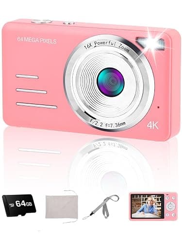 AIRSMIL Digital Camera 4K 64MP 18X Zoom Compact Vlogging Camera with 2.8 inch Screen, 64GB microSD Card 1500mAh Battery HD Digital Video Camera for Boys, Girls, Teens, and Beginners(4K Camera Pink) - Image 1