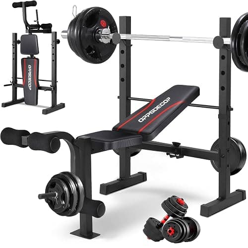 OPPSDECOR Standard Weight Bench Set with Squat Rack, 600LBS Adjustable Bench Press Set with Leg Extension and Leg Curl, Foldable Flat Incline Decline Workout Bench for Home Gym Full Body Training - Image 1