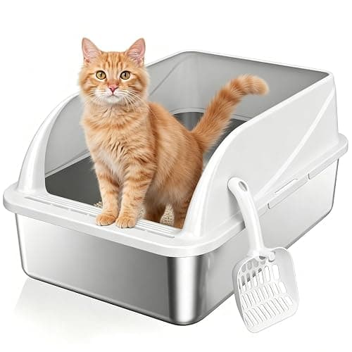OneBug Stainless Steel High Sides Cat Litter Box with Scoop, Open Top Litter Pan for Indoor Cats, Easy to Clean, Reduced Litter Scatter, Medium - Image 1