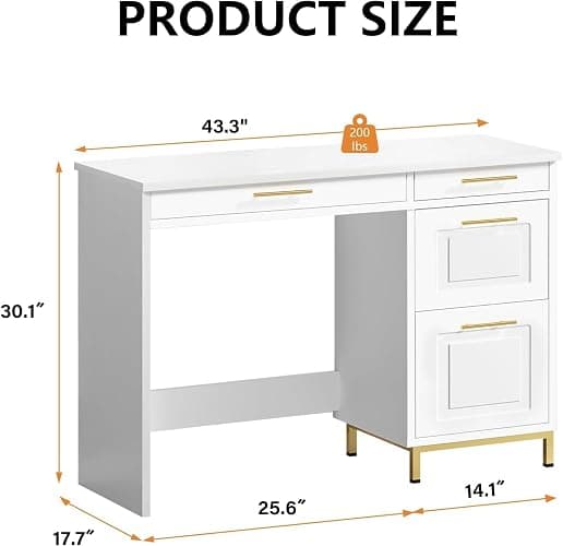4 EVER WINNER White Desk with Drawers and Golden Handles, 43" Home Office Desks with Drawers, Computer Wrighting Table with Storage for Bedroom, White and Gold Desk thumbnail 2