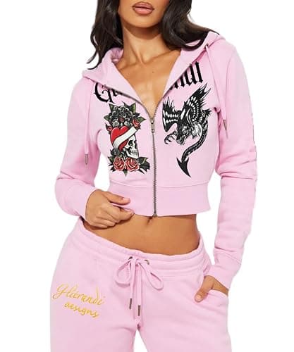 Glitrandi Womens 2 Piece Outfits Fashion Print Cropped Hoodies Jacket Sweatpants With Pockets Tracksuit For Women - B-pink - Medium thumbnail 2