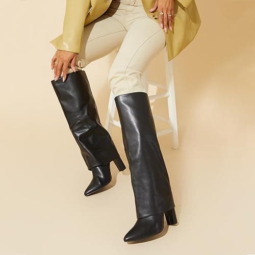 Modatope Knee High Boots Women Fold Over Knee High Boots Chunky High Heels Long Boots Zipper Pointed Toe Dress Tall Boots for Women thumbnail 3