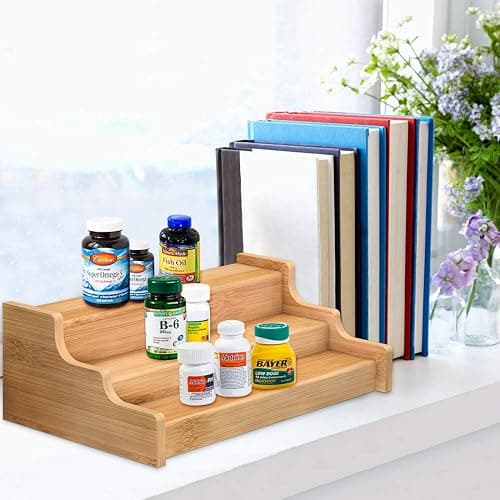 Spice Rack Kitchen Cabinet Organizer- 3 Tier Bamboo Expandable Display Shelf Yellow thumbnail 2