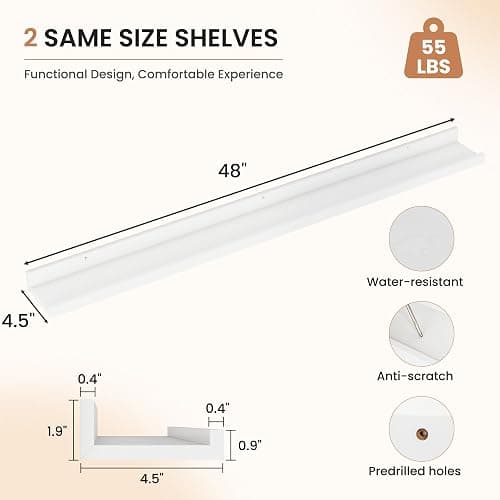 Dreamland Picture Ledge Shelf for Wall, Floating Shelves Set of 2, 48 Inch Long Floating Shelves with Lip for Living Room, Bedroom, Bathroom, Kitchen, White thumbnail 2
