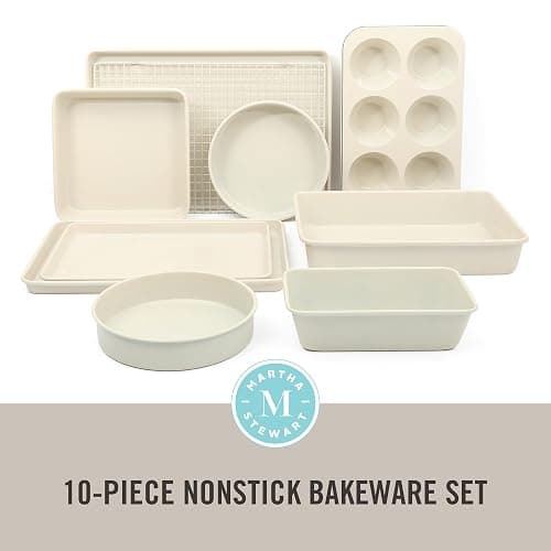 Martha Stewart Gallen 10 Piece Baking Pans Ceramic PFA Free Non Toxic Non Stick Bakeware Set - Linen White thumbnail 3
