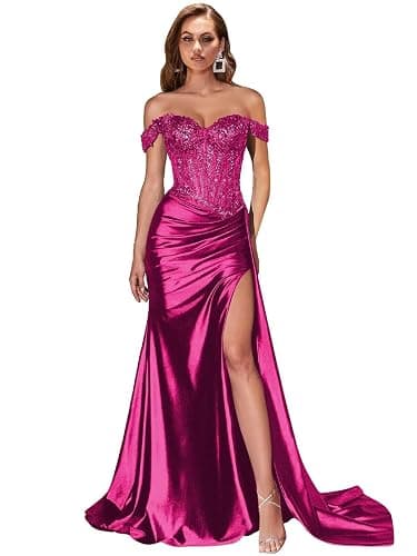 Women's Off The Shoulder Satin Bridesmaid Dresses Long Slit Mermaid Prom Dress Lace Applique Corset Party Gowns - Image 1