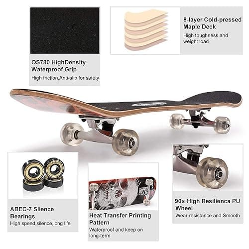 ChromeWheels 31 inch Skateboard Double Kick Skate Board Cruiser Longboard 8 Layer Maple Deck Skateboards for Kids and Beginners - White thumbnail 6