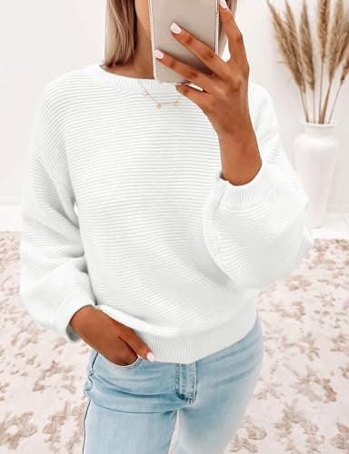 ZESICA Women's Crew Neck Long Lantern Sleeve Fall 2025 Casual Loose Ribbed Knit Solid Soft Pullover Sweater Tops thumbnail 2