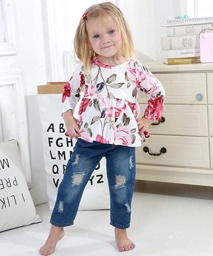 CARETOO Girls Clothes Outfits Cute Baby Girl Floral Long Sleeve Pant Set Flower Ruffle Top thumbnail 2
