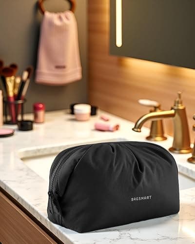 BAGSMART Makeup Bag Travel Makeup Bag, Cute Make Up Bag, Large Capacity Cosmetic Bags for Women, Wide-open Makeup Pouch Travel Essentials Toiletries Accessories Brushes (Black) thumbnail 2