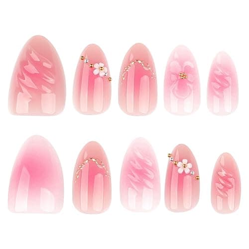 QQPPOLIU Pink Press on Nails Short Almond False Nails With Flower and 3d Coats Design for Girls Spring Nail 24pcs thumbnail 5