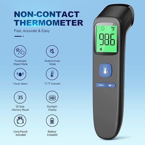 No-Touch Thermometer for Adults, Kids, Babies, 1-Sec Fast Accurate (Black) | Fever Alarm, Large LCD with 3-Color Backlight, Silent Mode, 35-Reading Memory, Forehead & Object Mode, for Home & Clinic thumbnail 2