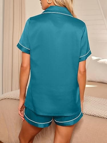 LILLUSORY Silk Satin Pajama Set for Women 2 Piece Lounge Pjs Winter Matching Summer Sleepwear Button Down Shirt Shorts thumbnail 4