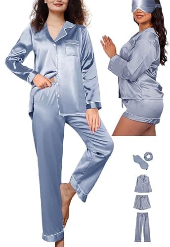 WJing Yi Jia 5Pcs XS-XXL Womens Silk Satin Pajamas Sets Long Pj Sets Button Down Pjs Set Loungewear Sleepwear thumbnail 4