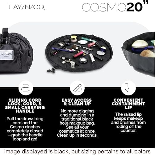 Lay-n-Go Cosmo Drawstring Cosmetic & Makeup Bag Organizer - Portable Drawstring Makeup Bag w/Zipper Pocket, Makeup Loops & More - Durable, Machine Washable Toiletry Bag (20", Comfort/Black Sherpa) thumbnail 8