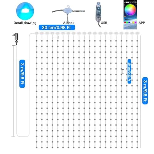 QINER LED Curtain Lights Indoor, 9.8 FT x 9.8 FT 300 LED with USB APP Control, Multiple Modes Selection, Smart Curtain Light for Bedroom,Halloween,Christmas, Wedding,Valentine's Day, Party thumbnail 6