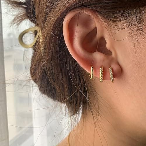 4 Pairs 14k Gold Hoop Earrings Set Twisted Glossy Zirconia Small Huggie Earrings For Multiple Piercing Cuff Cartilage Jewelry For Women Girls thumbnail 5