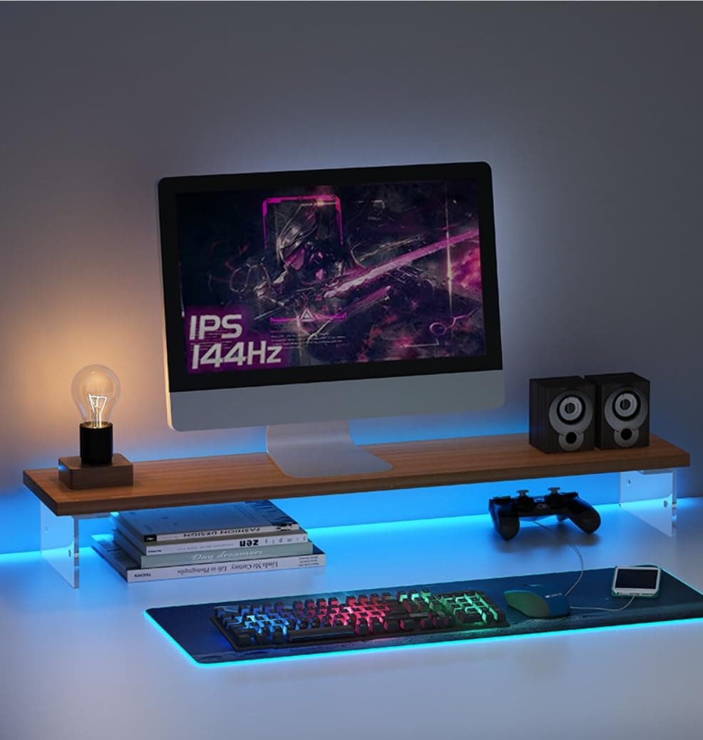 Monitor Stand, Computer Stand, Transparent Legs, Width 50cm/60cm/80cm Depth 20cm Height 8cm, Tabletop, Wooden, Load Capacity 15kg, Keyboard Storage, Simple, Monitor Accessory (White, Width thumbnail 6