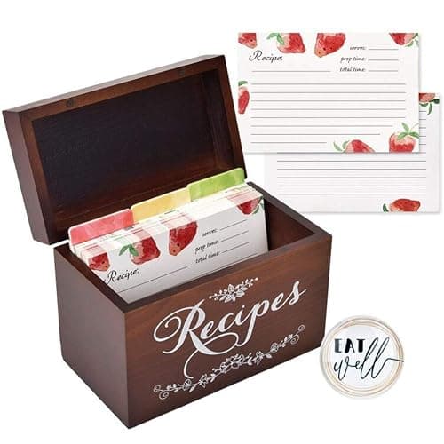 Vintage Wood Recipe Box with Cards and Dividers 4x6 Recipe Holder Card Kithen Strawberry Orange Olive theme - Image 1