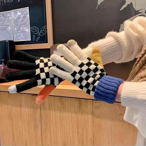 Plaid Winter Gloves with Touch Screen for Women Girls Checkered Double Layer Cold Weather Gloves Thick Thermal Plush Mittens thumbnail 4