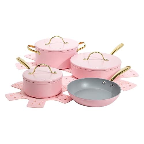 Paris Hilton Iconic Nonstick Pots and Pans Set, Multi-layer Nonstick Coating, Matching Lids With Gold Handles, Made without PFOA, Dishwasher Safe Cookware Set, 10-Piece, Pink - Image 1
