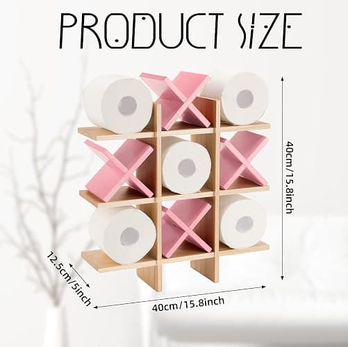 Weysat Tic Tac Toe Toilet Paper Holder Stand Bathroom Wall Decor Rustic Wooden Hanging Storage Freestanding Wall Mounted Shelves Decor for Toilet Tissue Farmhouse(Wood Color, Pink) thumbnail 2