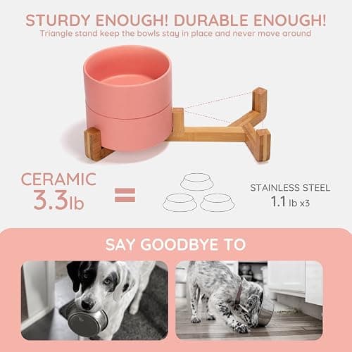 SPUNKYJUNKY Ceramic Dog and Cat Bowl with Wood Stand Non-Slip Matte Glaze Weighted Food Water Set for Cats &Small Dogs 13.5 OZ thumbnail 3