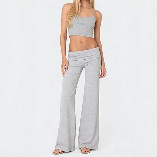 Lounge Yoga Pants for Women Fold Over Low Waist Wide Leg Bell Bottoms | Y2K Foldover Pants, Flare Leggings, Low Rise Yoga Sweatpants thumbnail 2