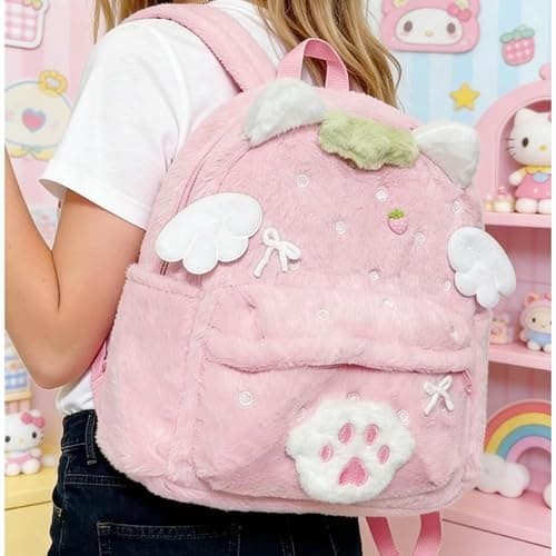 OATSBAS Women's Y2K Kawaii pink Plush Backpack Bunny and Cat Ear Bow Paw Print Wings Cute Fluffy Daypack (Cat,One size) thumbnail 2