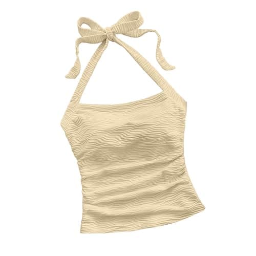 Wome's Ruched Halterneck Y2K Crop Tops Tie Back Sleeveless Slim Fit Cami Top Teen Girls Textured Square Neck Shirts - Image 1