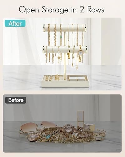 Vlando Jewellery Stand, 2 Tier Jewellery Oragniser with Jewellery Tray,Jewellery Box,Necklace Stand Bracelet Holder, Jewellery Holder for Earrings Rings,White thumbnail 4