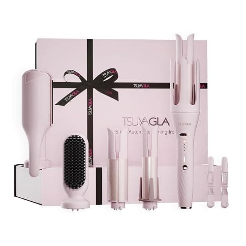 TSUYAGLA 5 in 1 Automatic Curling Iron Set with 3 Interchangeable Barrels | Rotating Hair Curler with 1, 1.25 and 1.5 Inch Curling Wands, Hair Crimper, Straightening Brush, Dual Voltage, Gift for Her - Image 1