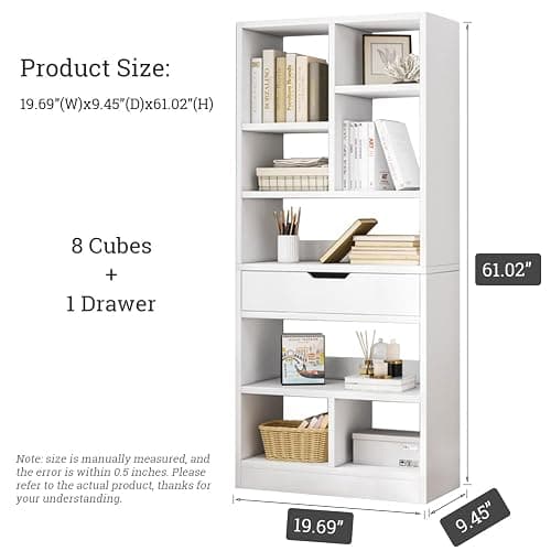 IOTXY Wooden Open Shelf Bookcase - 61" Height Free Standing Display Storage Cabinet Organizer with 8 Cubes and a Drawer, Floorstanding Bookshelf, Warm White thumbnail 3