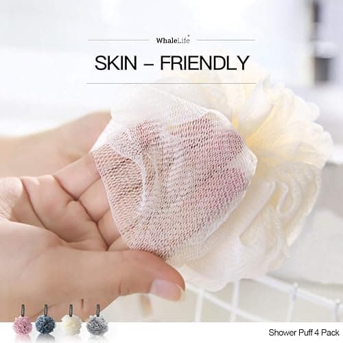 Loofah Sponge Bath Sponge for Women Men 4 Pack (Pink Blue Yellow Gray) | 10X Suds Save Body Wash Double Knotted Anti Tear Core Fast Dry Cotton Loop Stay Fresh Large Mesh for Sensitive Skin thumbnail 4
