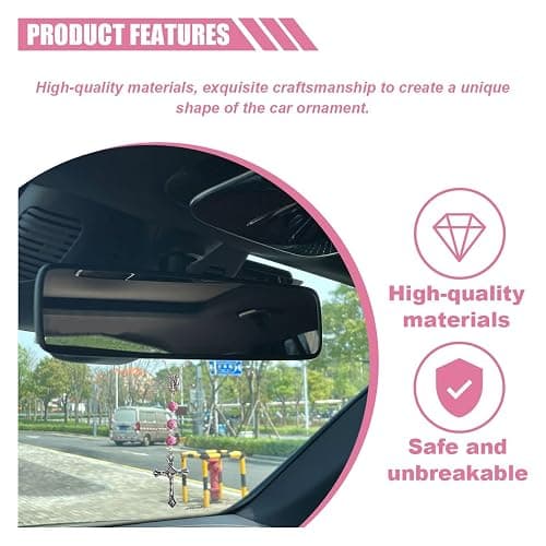 2PCS Pink Rosary Pendant Car Interior Rear View Mirror Charm Auto Decors, Medal and Cross Personalized Hanging Accessories for Women Men (Rose) thumbnail 5