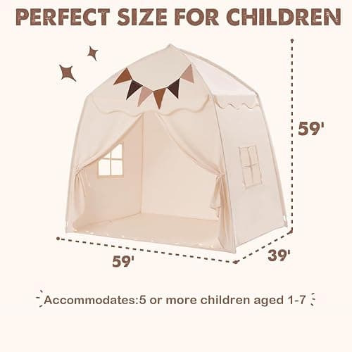 Extra Large Kids Play Tent with Flags & Star Lights, Portable & Foldable Teepee, Boys & Girls, Indoor Outdoor Dome Tent Playhouse, 59x39x59 in, Cream thumbnail 2