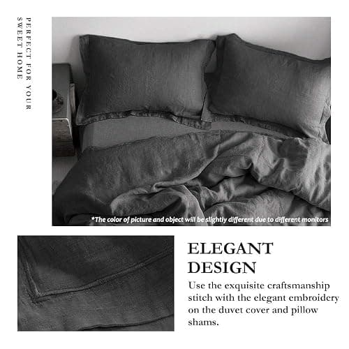 Simple&Opulence 100% Linen Duvet Cover Set with Embroidery Washed - 3 Pieces (1 Duvet Cover with 2 Pillow Shams) with Button Closure Soft Breathable Farmhouse - Dark Grey, King Size thumbnail 2